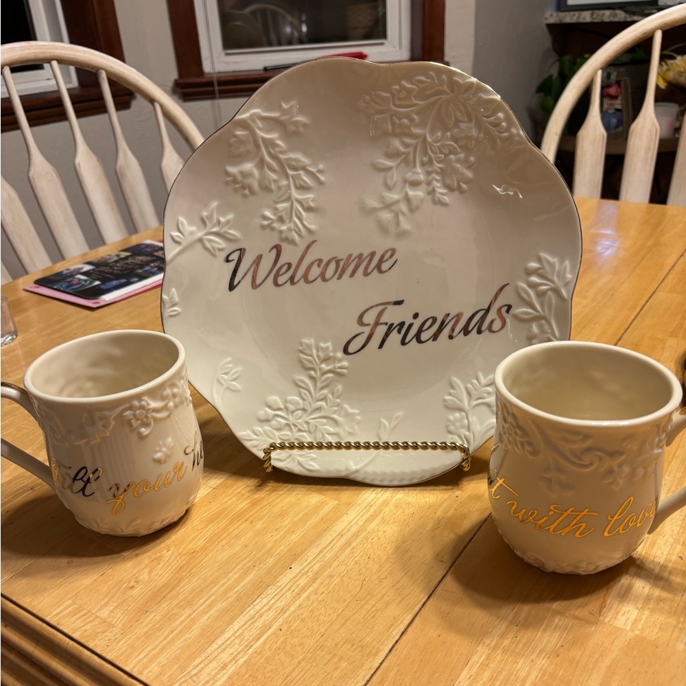 Lenox Welcome Friends Platter & Two Mugs
